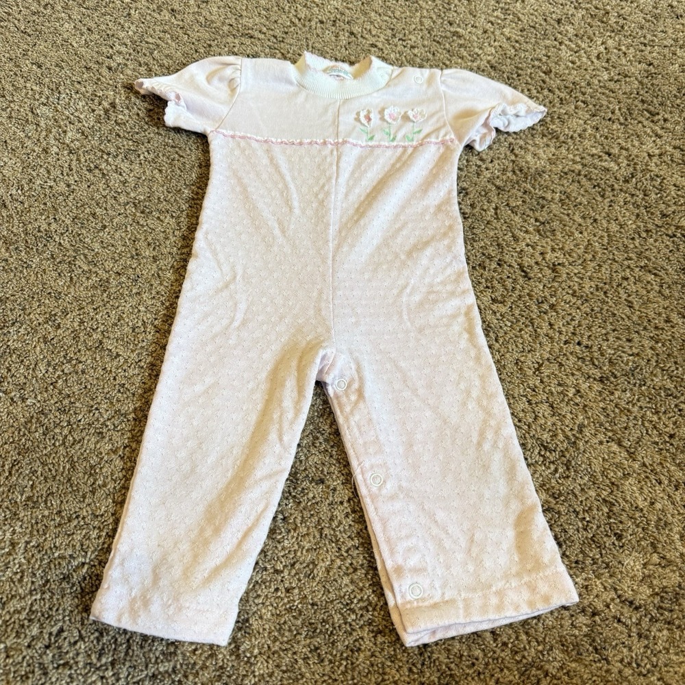 Health-Tex Jumpsuit Baby Girl 18 Month Light Pink Flowers One Piece USA Made VTG